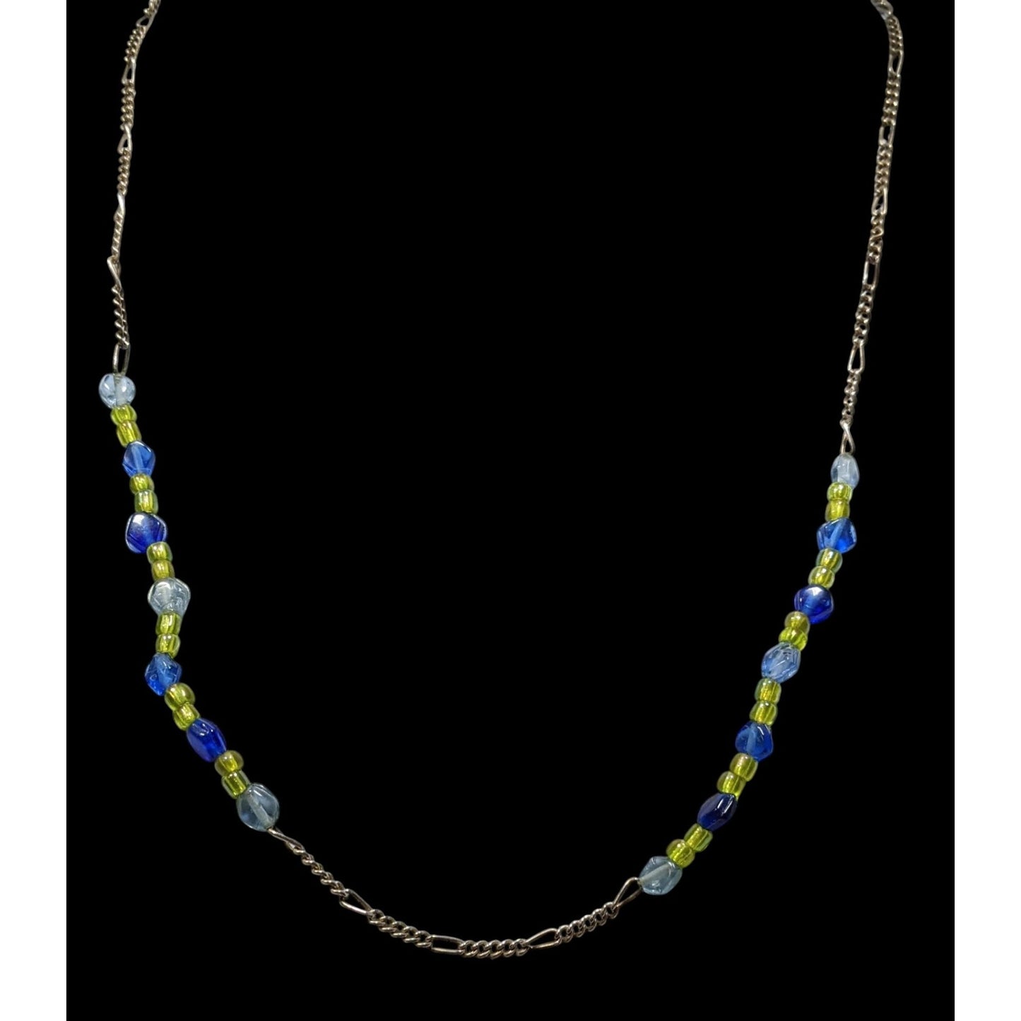 Handcrafted Blue & Green Glass Beaded Necklace On Silver Tone Figaro Chain