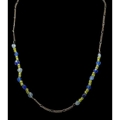 Handcrafted Blue & Green Glass Beaded Necklace On Silver Tone Figaro Chain