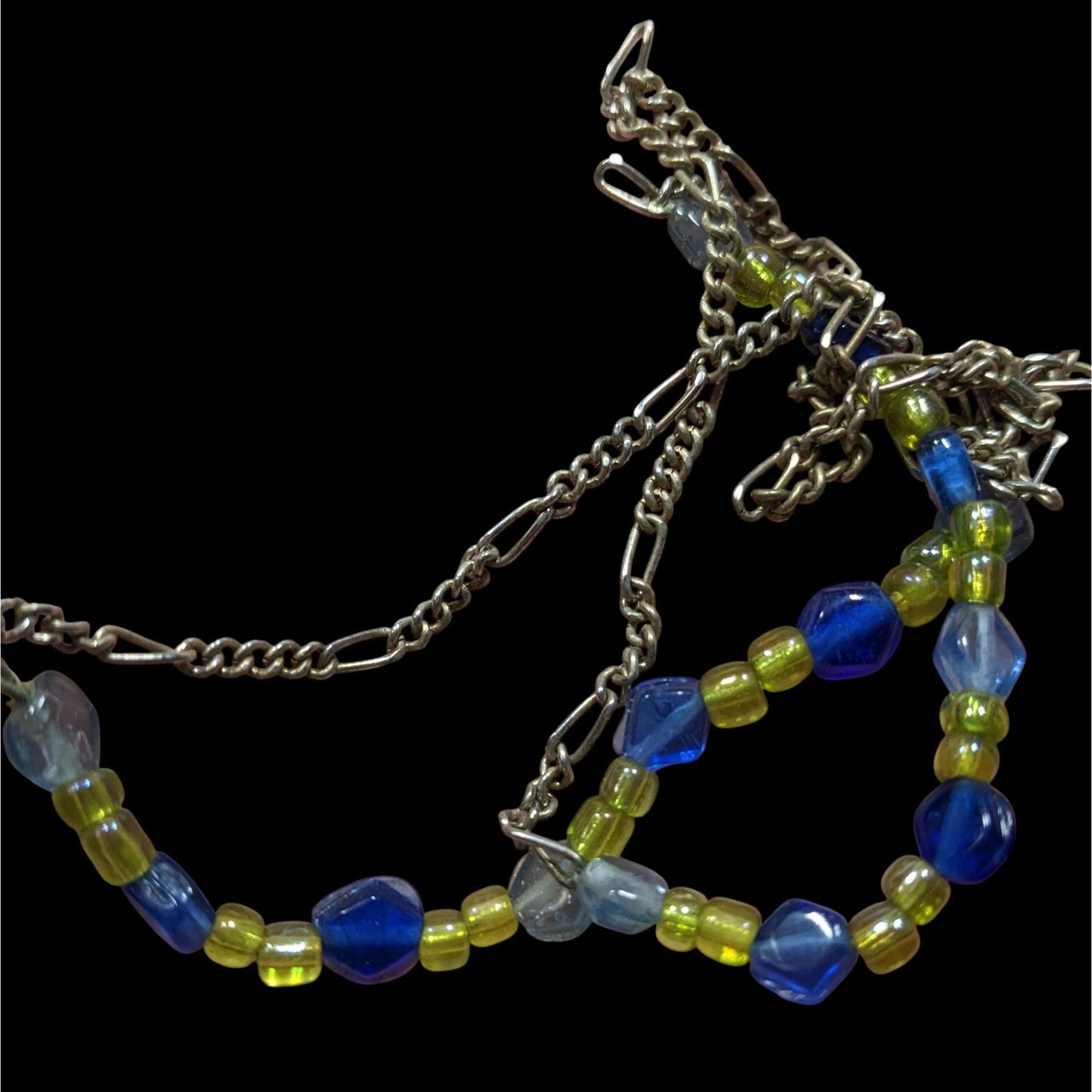 Handcrafted Blue & Green Glass Beaded Necklace On Silver Tone Figaro Chain