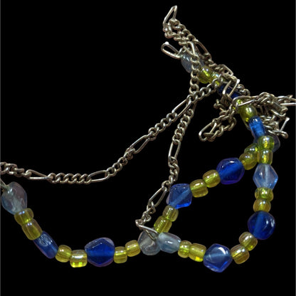 Handcrafted Blue & Green Glass Beaded Necklace On Silver Tone Figaro Chain