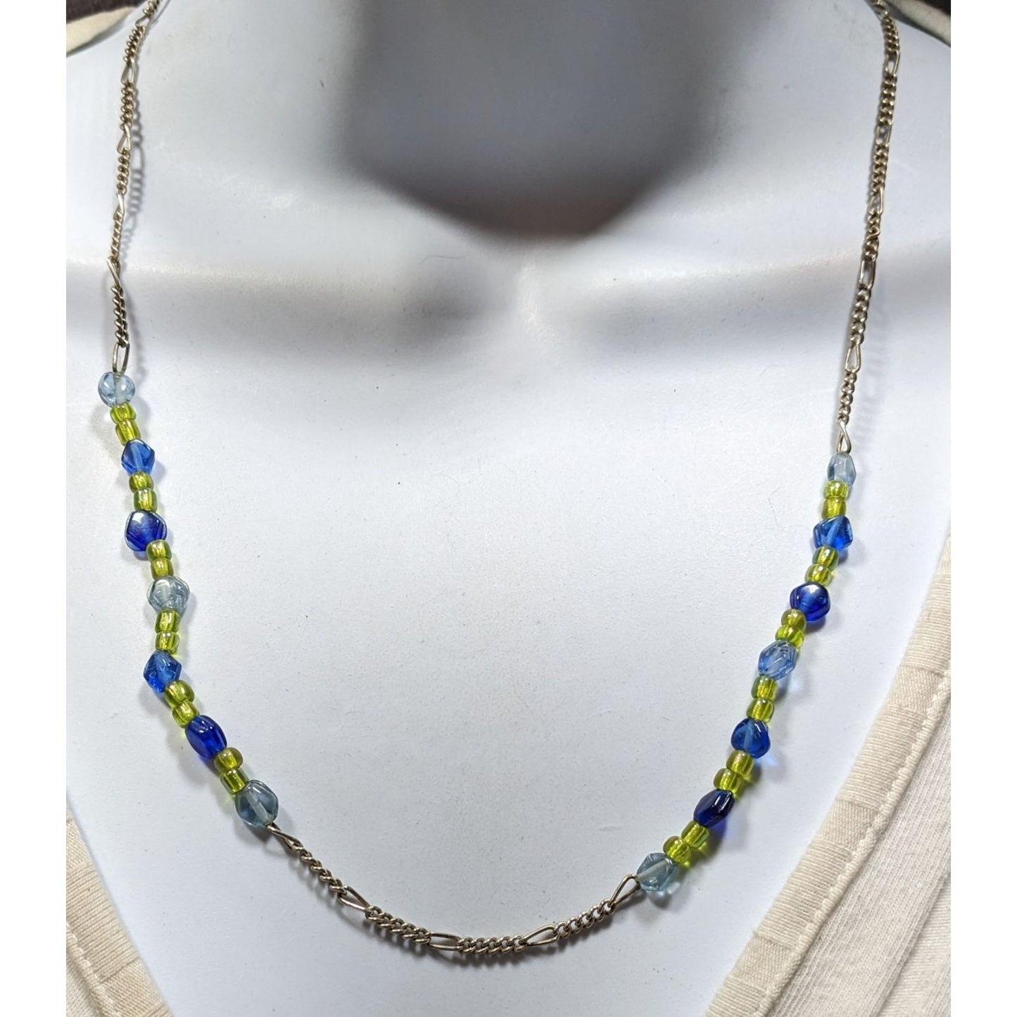 Handcrafted Blue & Green Glass Beaded Necklace On Silver Tone Figaro Chain