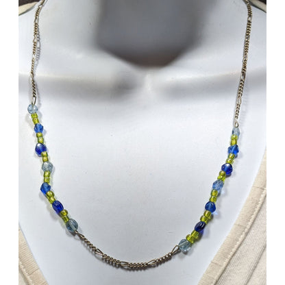 Handcrafted Blue & Green Glass Beaded Necklace On Silver Tone Figaro Chain