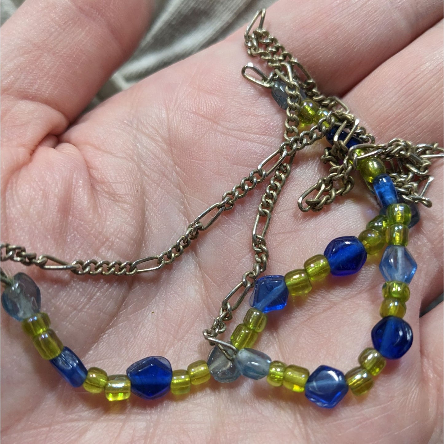 Handcrafted Blue & Green Glass Beaded Necklace On Silver Tone Figaro Chain