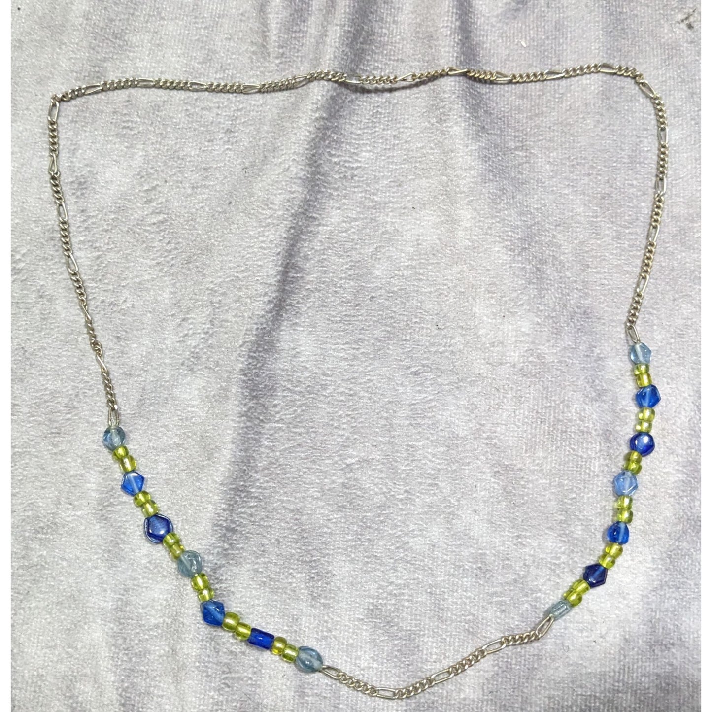 Handcrafted Blue & Green Glass Beaded Necklace On Silver Tone Figaro Chain