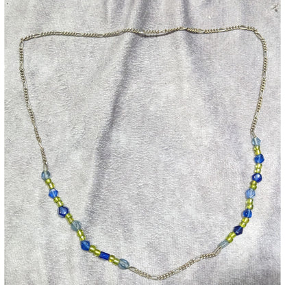 Handcrafted Blue & Green Glass Beaded Necklace On Silver Tone Figaro Chain