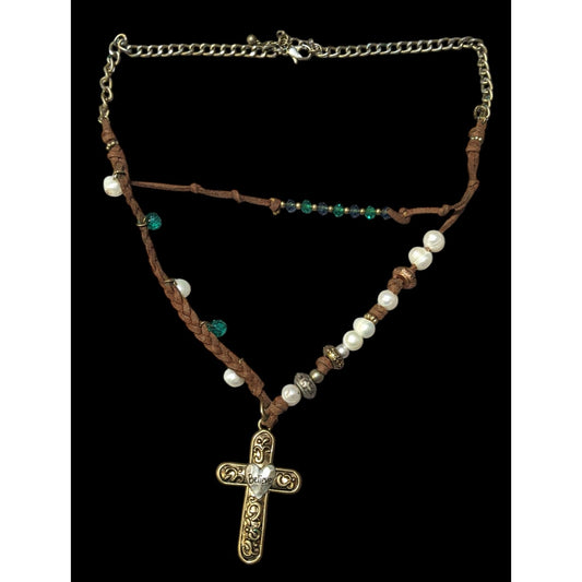 Rustic Suede Pearl Beaded Embossed Cross Pendant Necklace