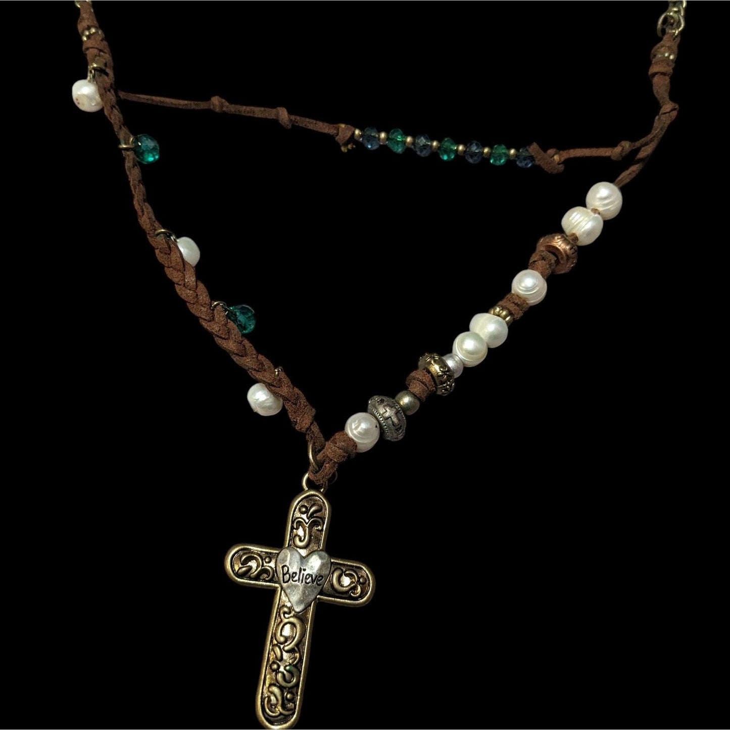 Rustic Suede Pearl Beaded Embossed Cross Pendant Necklace