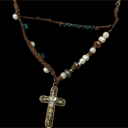 Rustic Suede Pearl Beaded Embossed Cross Pendant Necklace