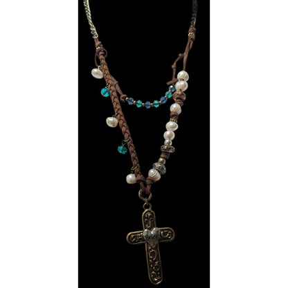 Rustic Suede Pearl Beaded Embossed Cross Pendant Necklace