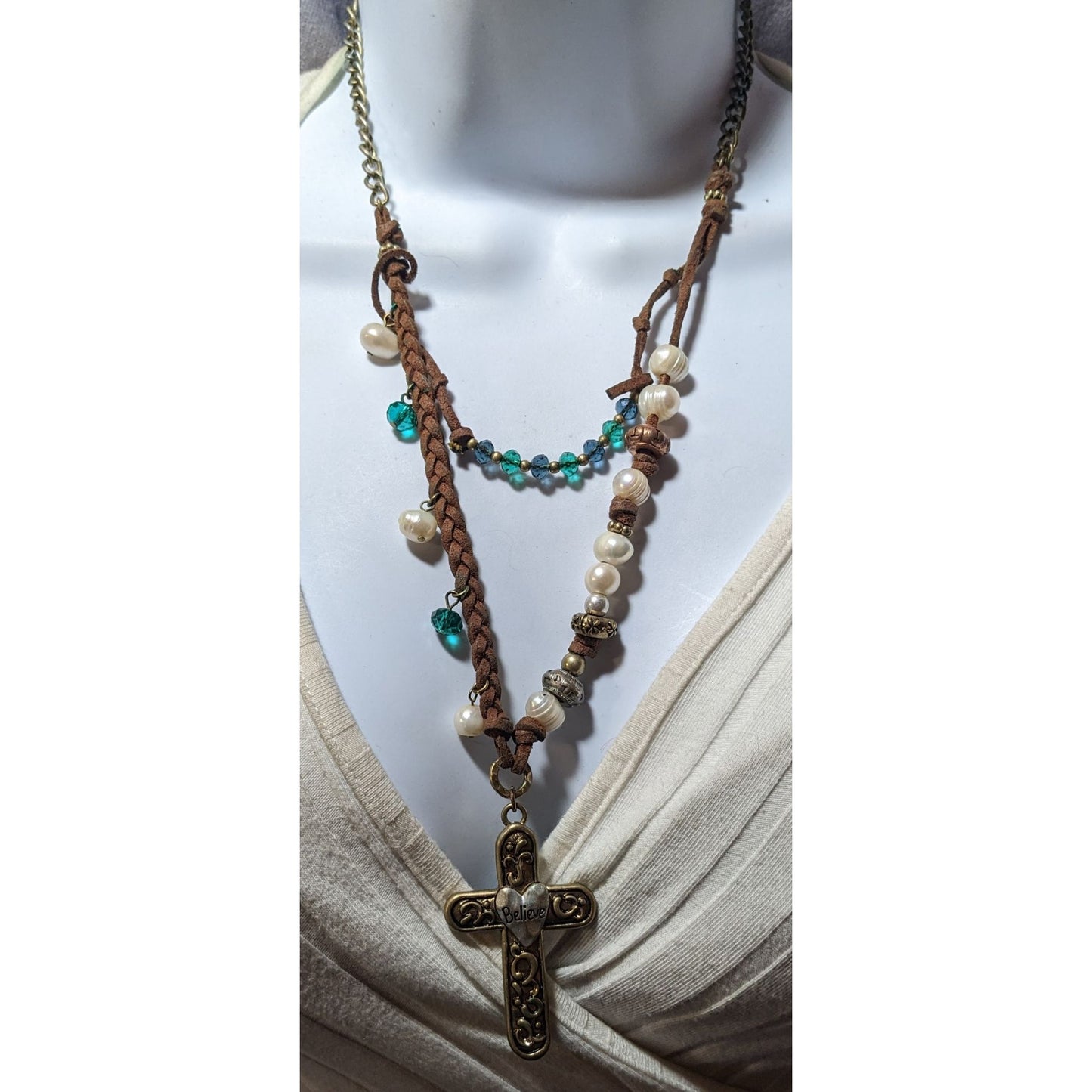 Rustic Suede Pearl Beaded Embossed Cross Pendant Necklace