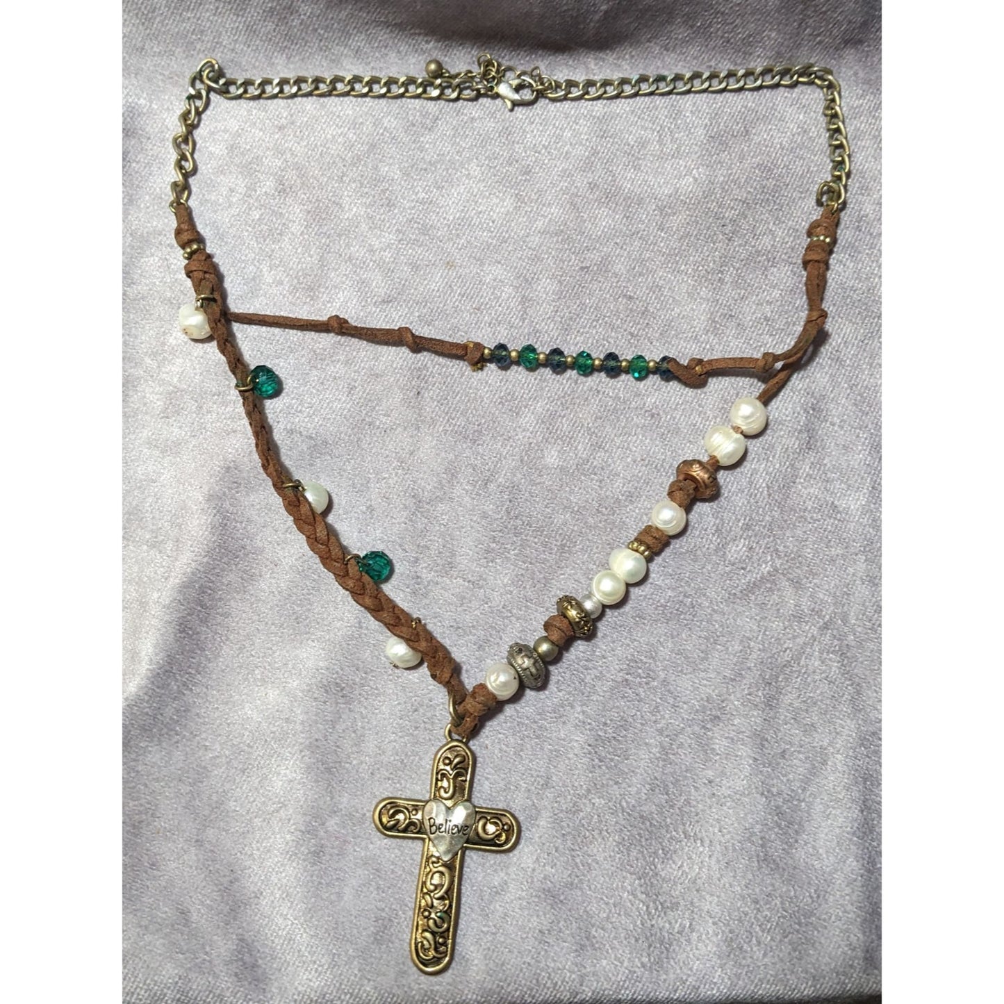 Rustic Suede Pearl Beaded Embossed Cross Pendant Necklace