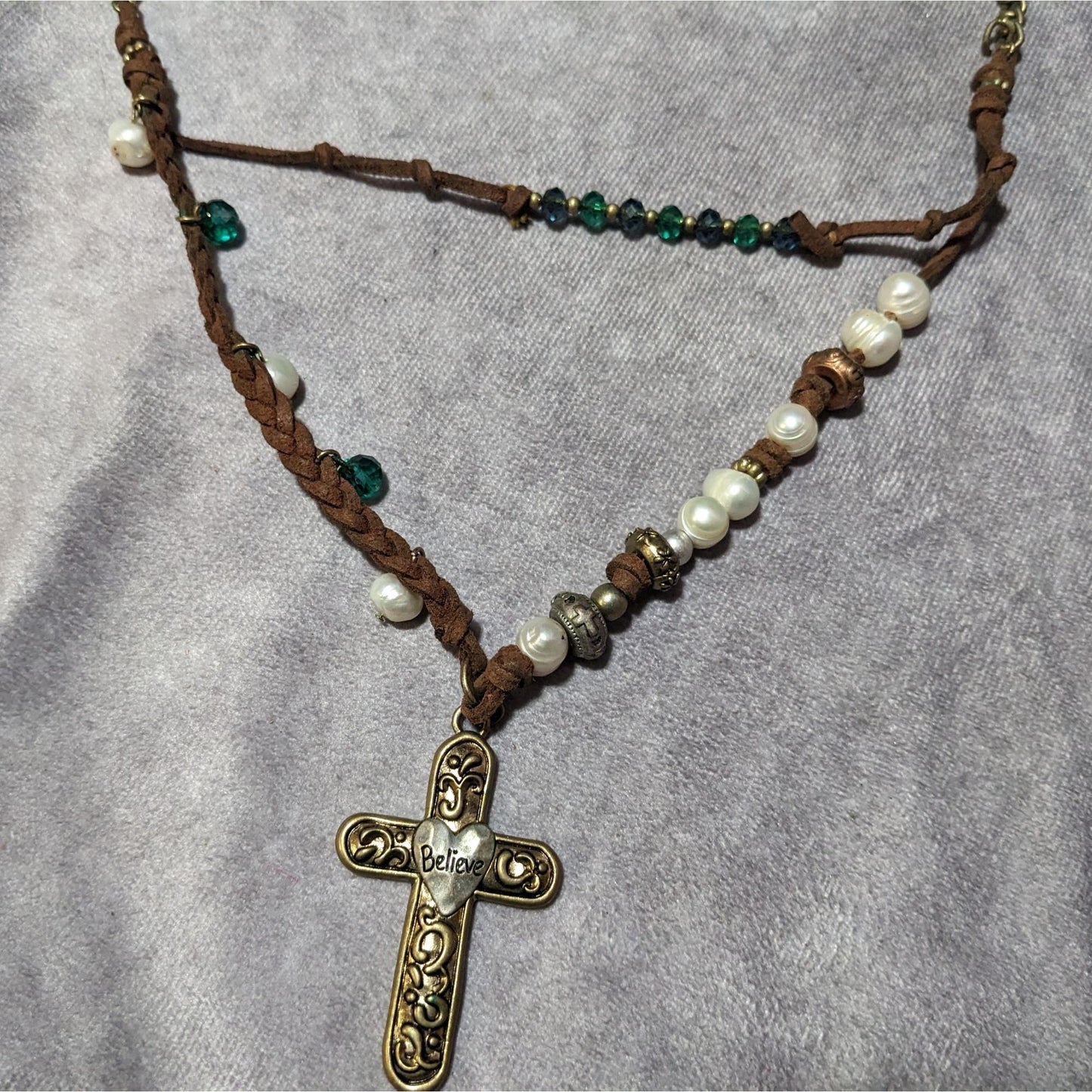 Rustic Suede Pearl Beaded Embossed Cross Pendant Necklace