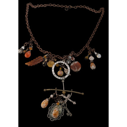 Vintage Handmade Charm Necklace Rustic Assemblage Statement Necklace Copper Chain Boho Steampunk