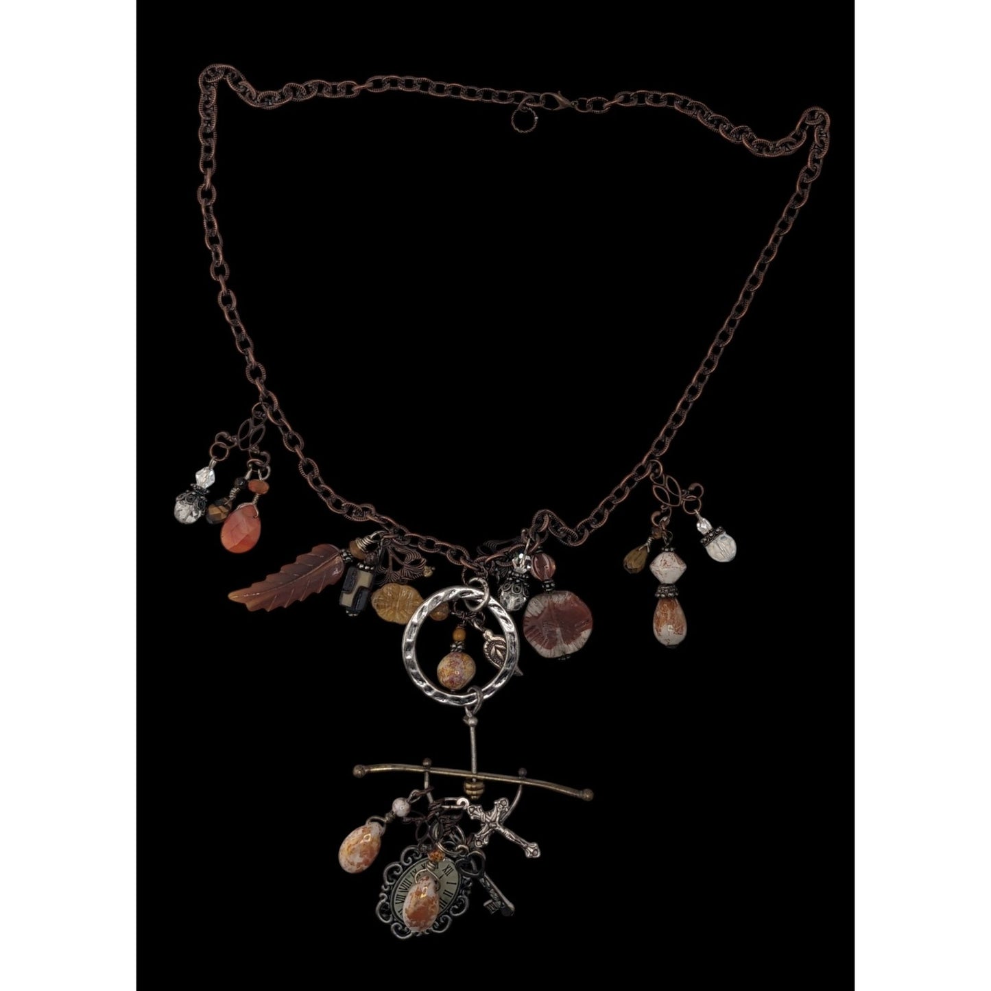 Vintage Handmade Charm Necklace Rustic Assemblage Statement Necklace Copper Chain Boho Steampunk