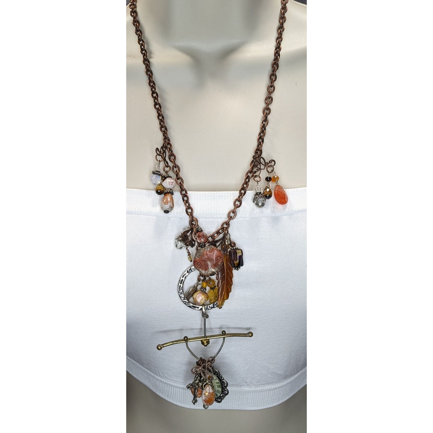 Vintage Handmade Charm Necklace Rustic Assemblage Statement Necklace Copper Chain Boho Steampunk
