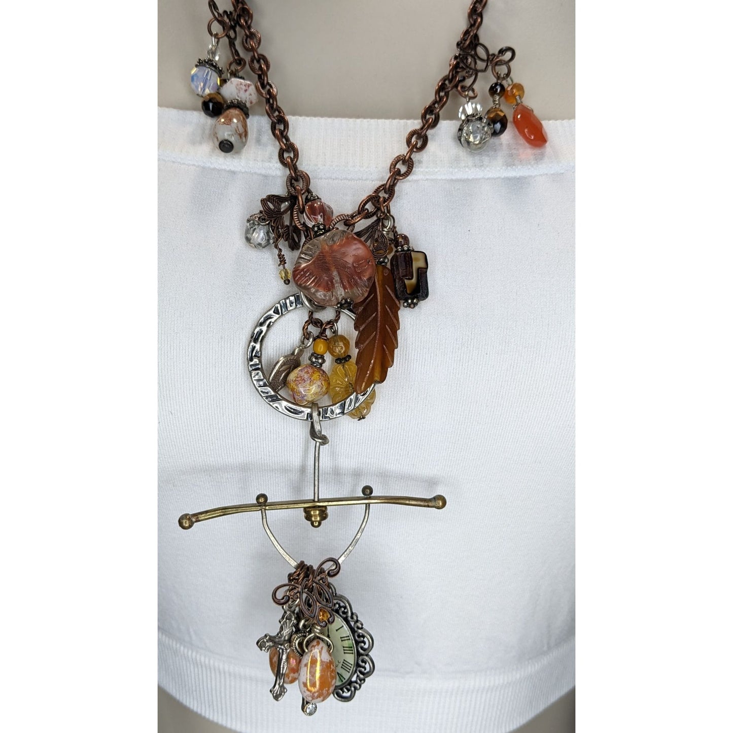 Vintage Handmade Charm Necklace Rustic Assemblage Statement Necklace Copper Chain Boho Steampunk