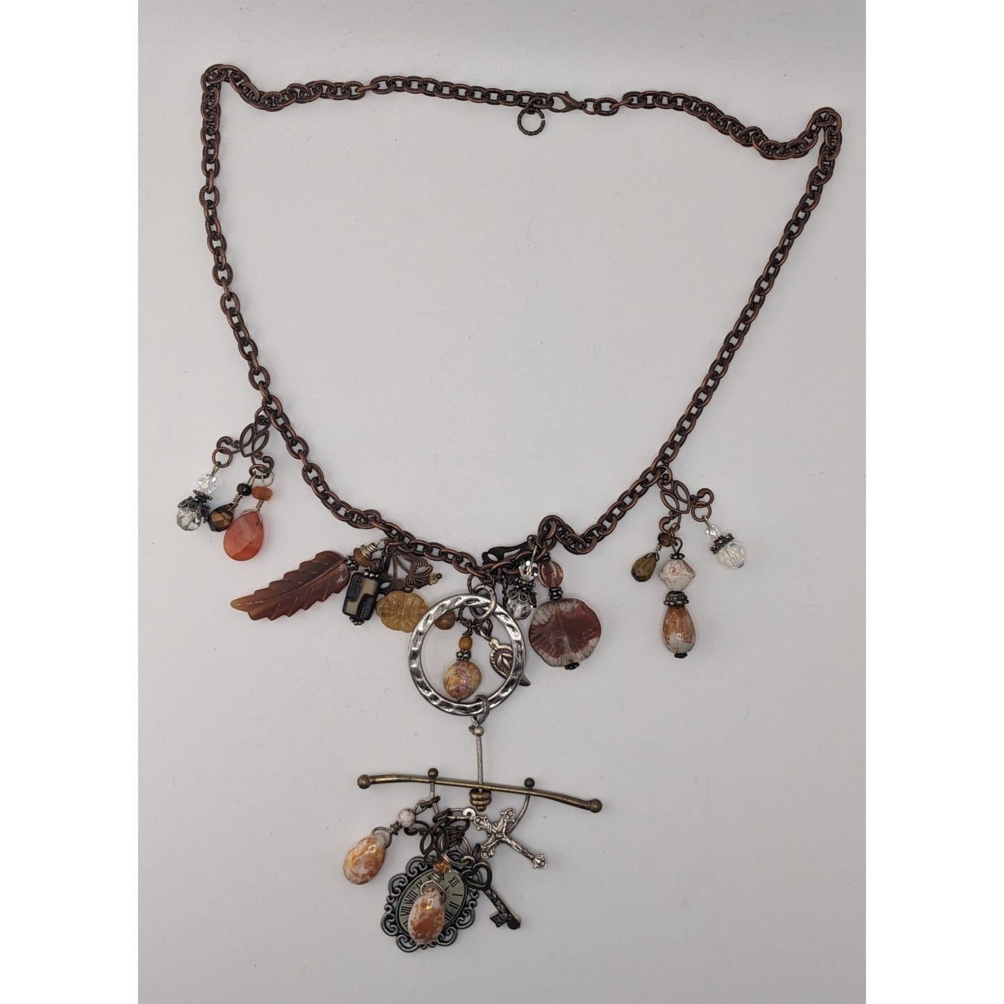 Vintage Handmade Charm Necklace Rustic Assemblage Statement Necklace Copper Chain Boho Steampunk