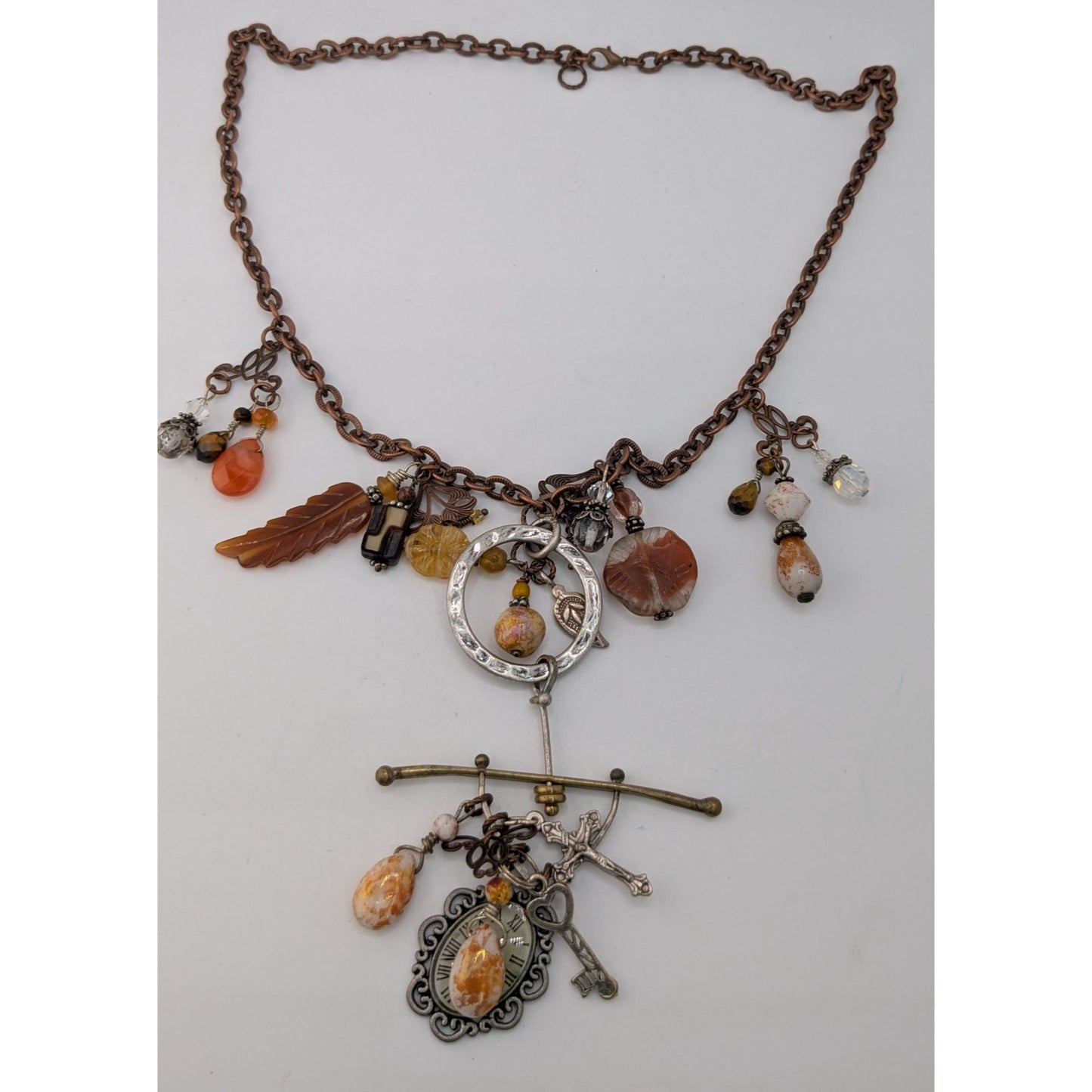 Vintage Handmade Charm Necklace Rustic Assemblage Statement Necklace Copper Chain Boho Steampunk
