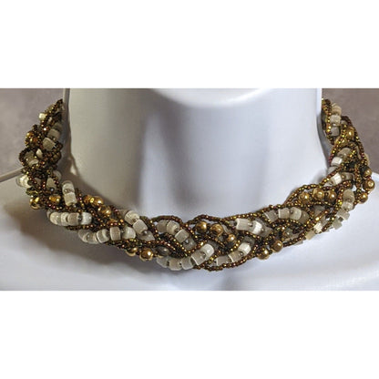 Vintage Beaded Choker Necklace With Earth And Gold Tone Accents