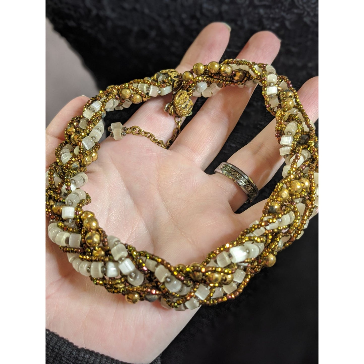 Vintage Beaded Choker Necklace With Earth And Gold Tone Accents