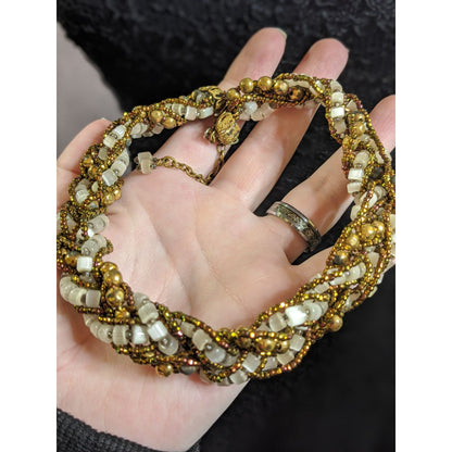 Vintage Beaded Choker Necklace With Earth And Gold Tone Accents