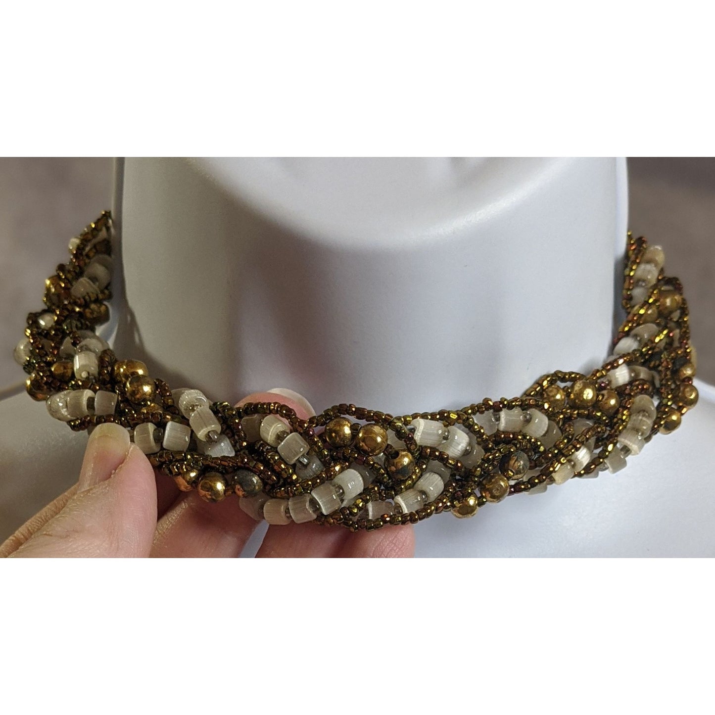 Vintage Beaded Choker Necklace With Earth And Gold Tone Accents
