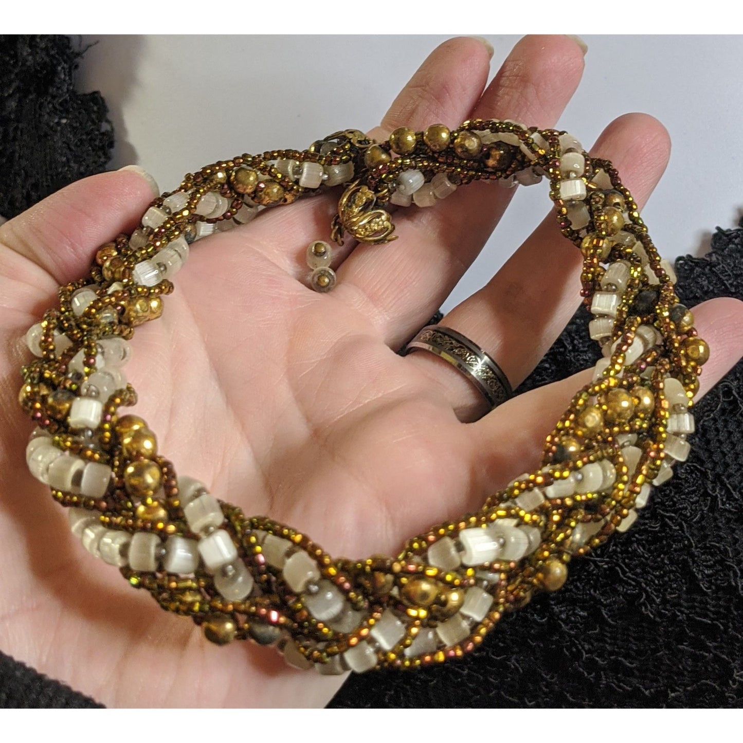 Vintage Beaded Choker Necklace With Earth And Gold Tone Accents