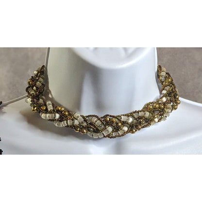 Vintage Beaded Choker Necklace With Earth And Gold Tone Accents