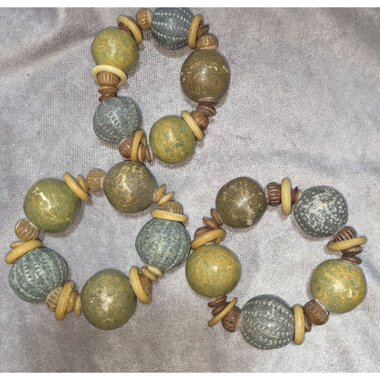 Rustic Wooden & Ceramic Beaded Napkin Rings Earthy Green & Beige Set Of 3