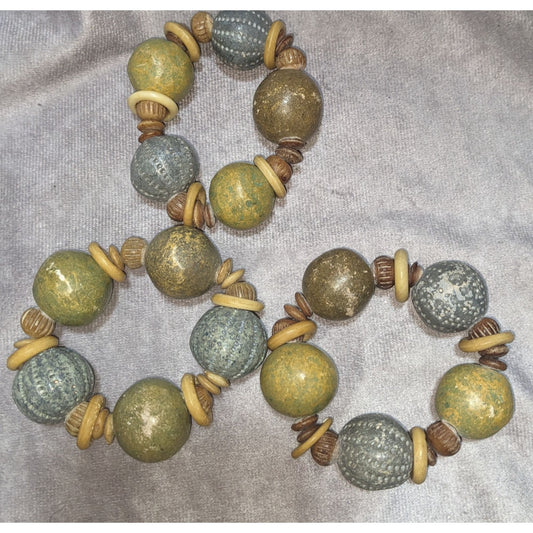 Rustic Wooden & Ceramic Beaded Napkin Rings Earthy Green & Beige Set Of 3