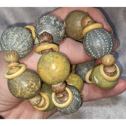 Rustic Wooden & Ceramic Beaded Napkin Rings Earthy Green & Beige Set Of 3