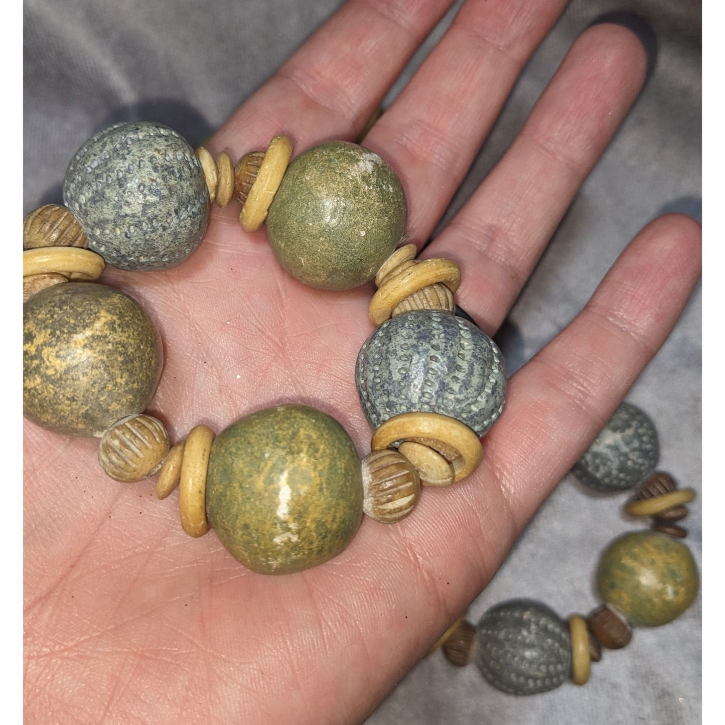 Rustic Wooden & Ceramic Beaded Napkin Rings Earthy Green & Beige Set Of 3