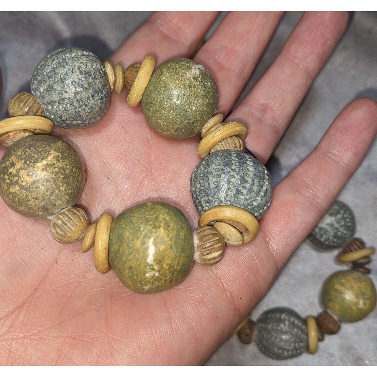 Rustic Wooden & Ceramic Beaded Napkin Rings Earthy Green & Beige Set Of 3