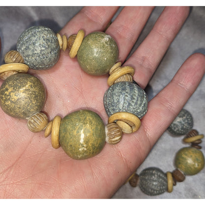 Rustic Wooden & Ceramic Beaded Napkin Rings Earthy Green & Beige Set Of 3