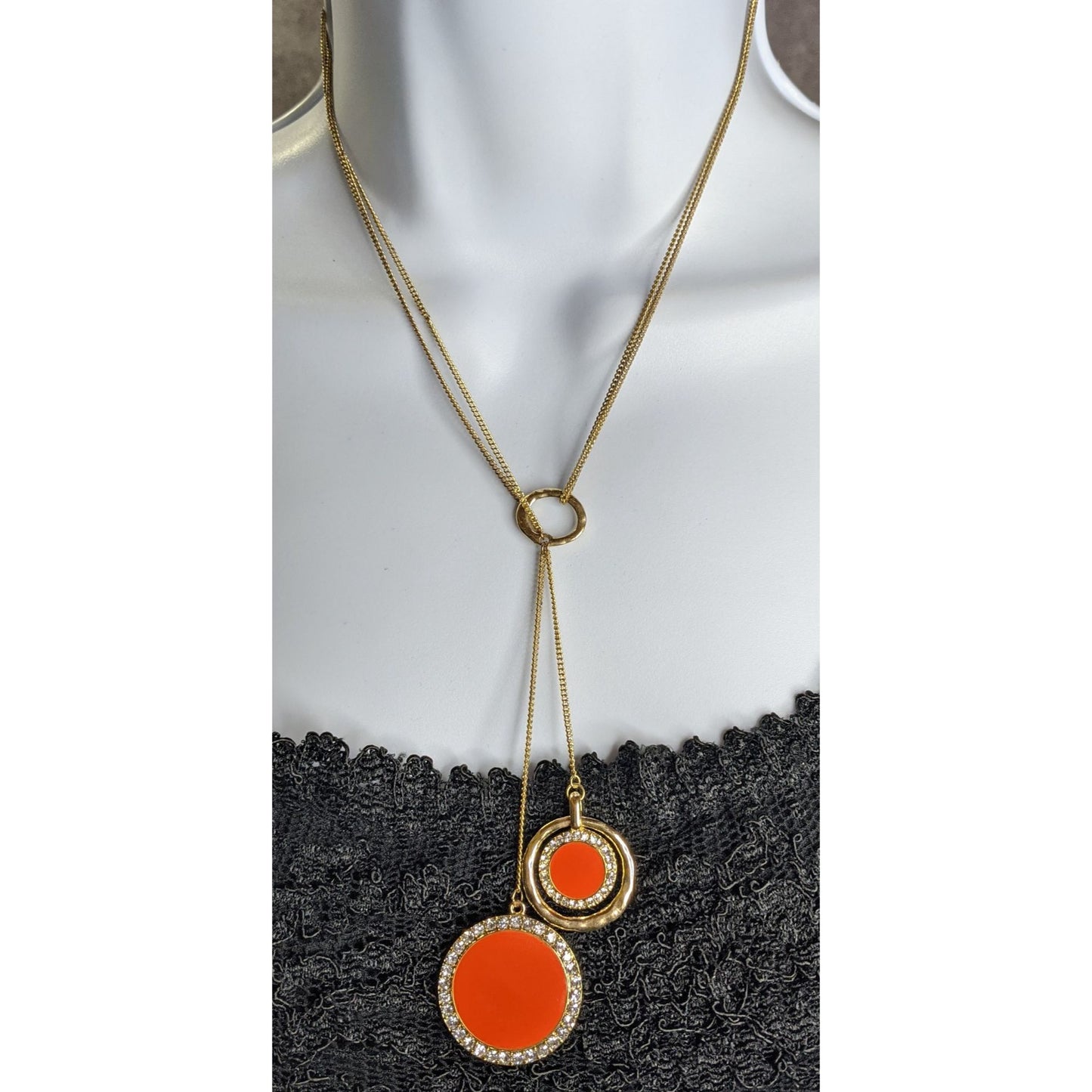 Retro Gold-Tone Pendant Necklace With Double Orange Enamel Discs & Rhinestone Accents