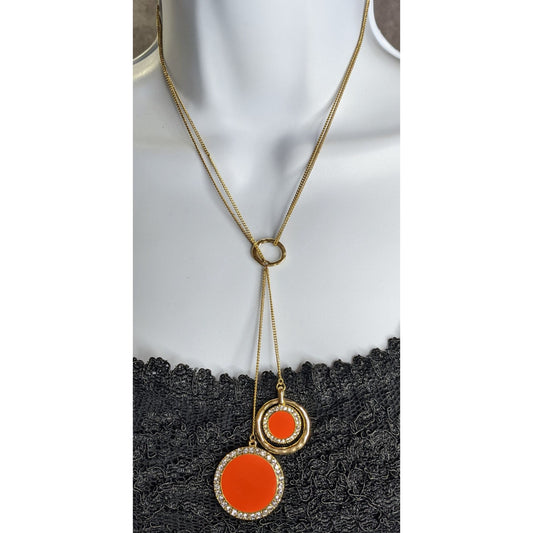 Retro Gold-Tone Pendant Necklace With Double Orange Enamel Discs & Rhinestone Accents