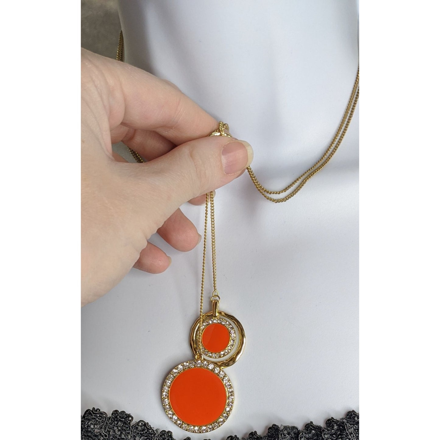 Retro Gold-Tone Pendant Necklace With Double Orange Enamel Discs & Rhinestone Accents