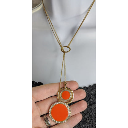 Retro Gold-Tone Pendant Necklace With Double Orange Enamel Discs & Rhinestone Accents