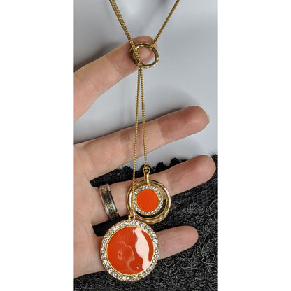 Retro Gold-Tone Pendant Necklace With Double Orange Enamel Discs & Rhinestone Accents