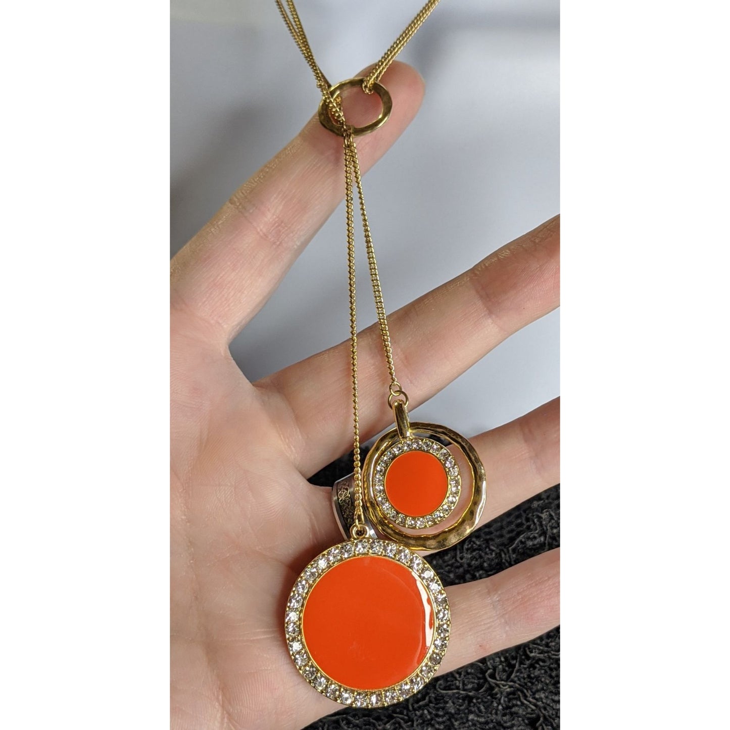 Retro Gold-Tone Pendant Necklace With Double Orange Enamel Discs & Rhinestone Accents