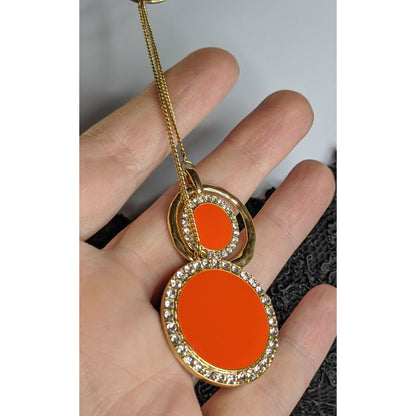 Retro Gold-Tone Pendant Necklace With Double Orange Enamel Discs & Rhinestone Accents