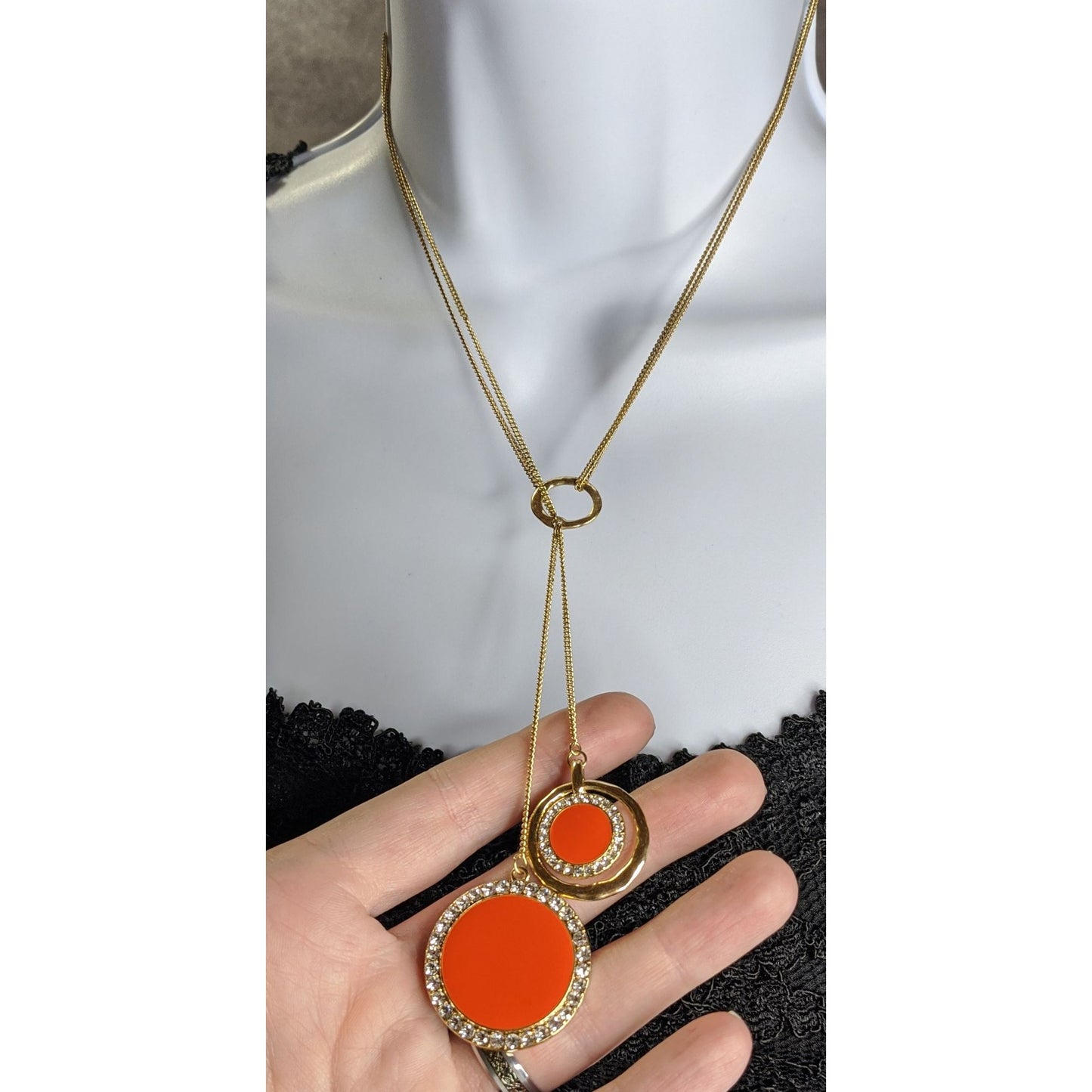 Retro Gold-Tone Pendant Necklace With Double Orange Enamel Discs & Rhinestone Accents