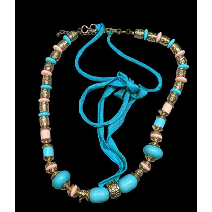 Vintage Bohemian Festival Blue Pink And Gold Floral Necklace