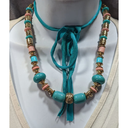 Vintage Bohemian Festival Blue Pink And Gold Floral Necklace