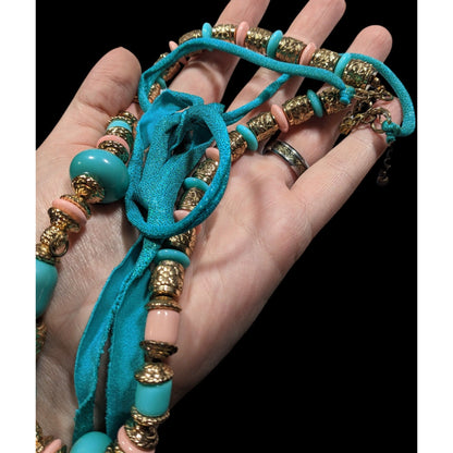 Vintage Bohemian Festival Blue Pink And Gold Floral Necklace