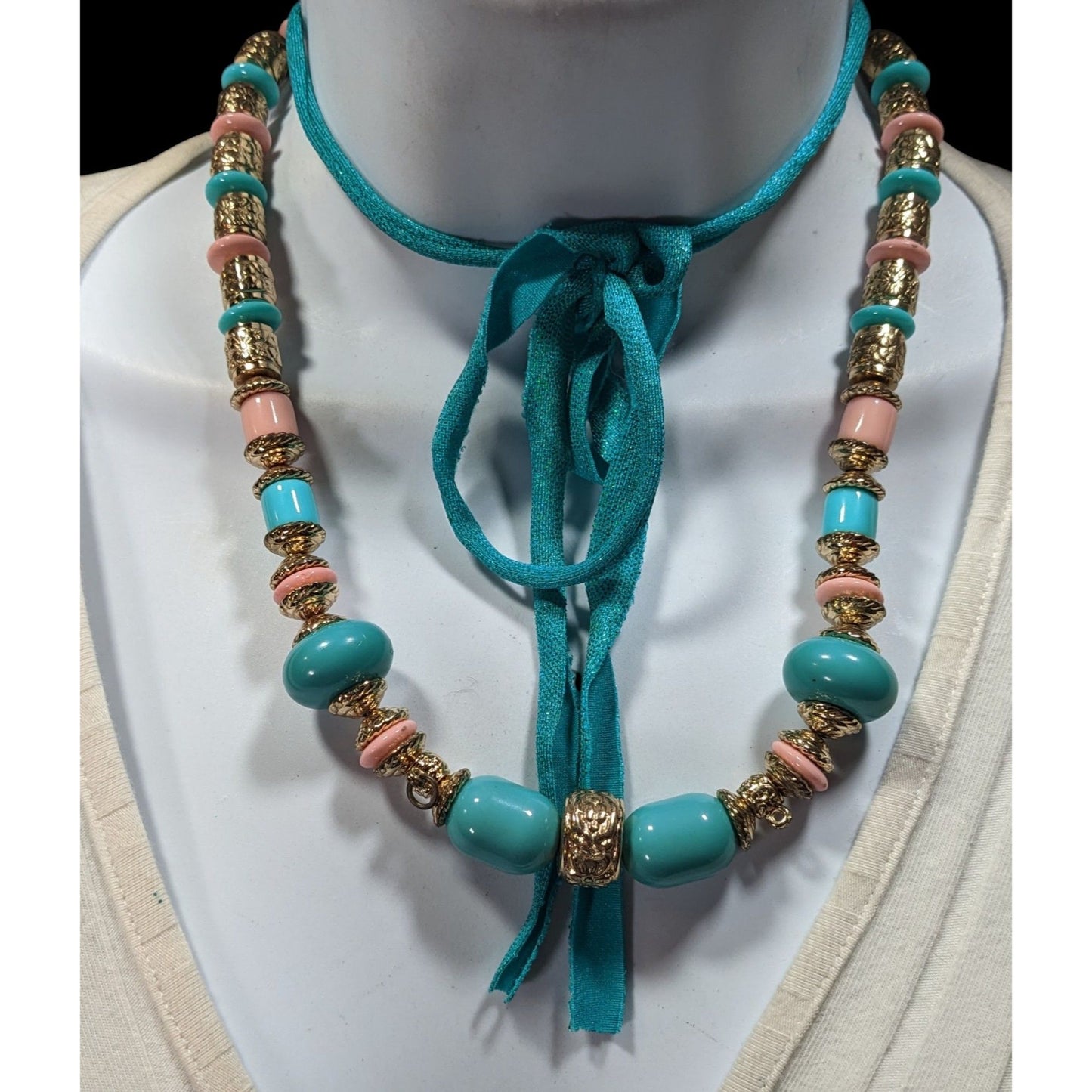 Vintage Bohemian Festival Blue Pink And Gold Floral Necklace