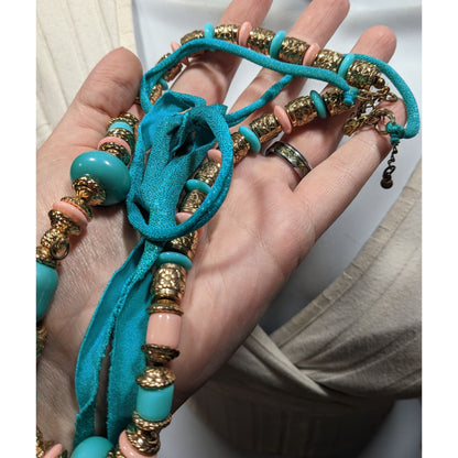 Vintage Bohemian Festival Blue Pink And Gold Floral Necklace