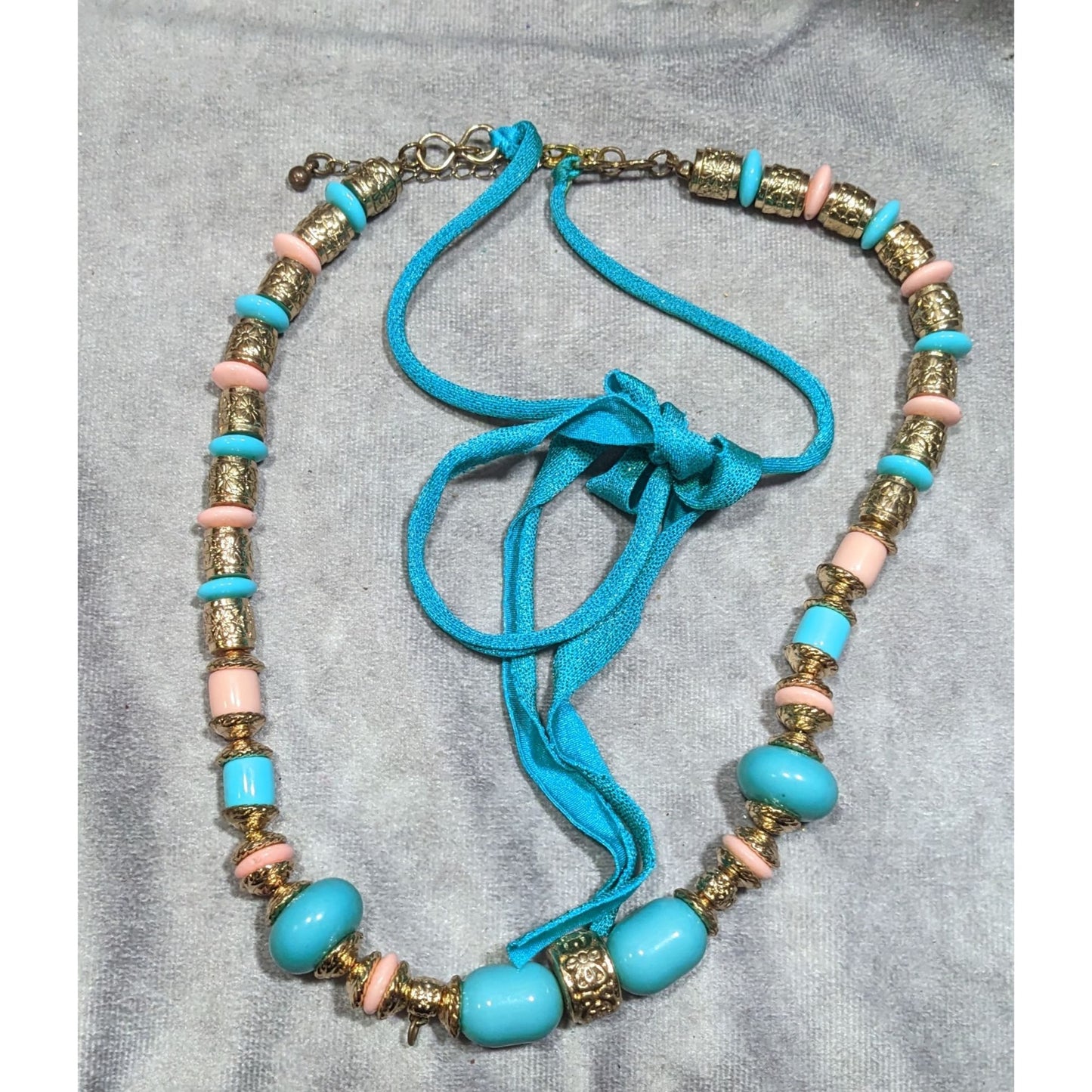 Vintage Bohemian Festival Blue Pink And Gold Floral Necklace