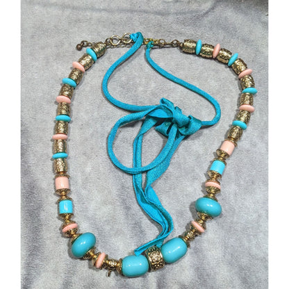 Vintage Bohemian Festival Blue Pink And Gold Floral Necklace