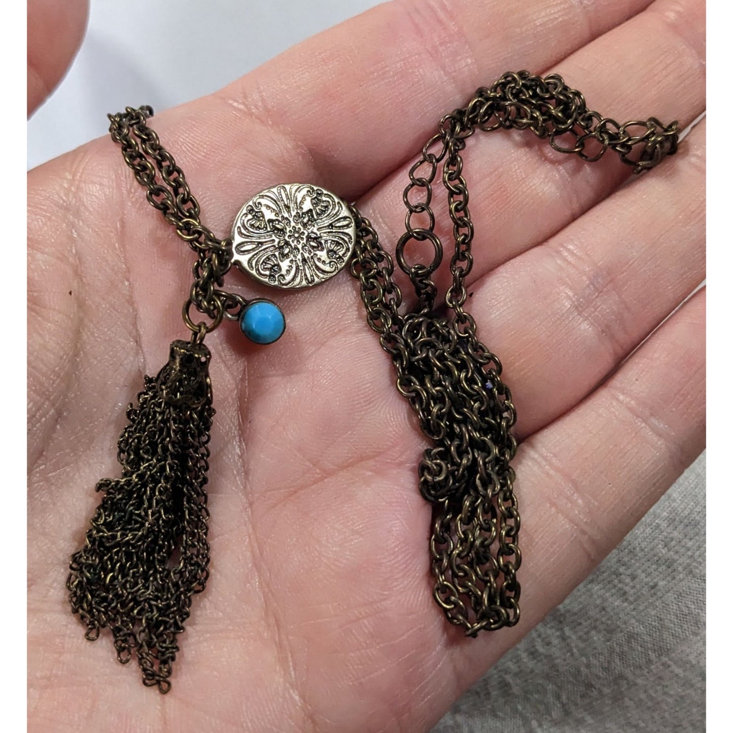 Rustic Butterfly Antiqued Gold Tone Tassel Chain Necklace
